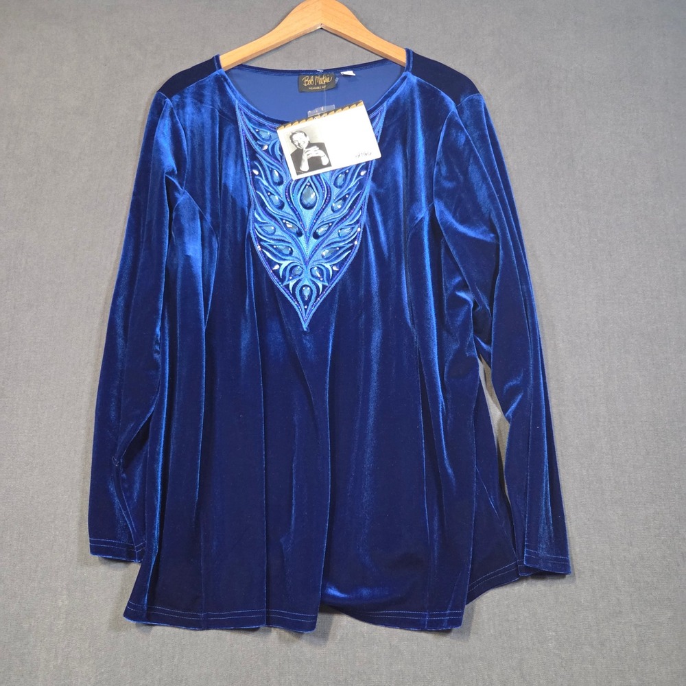 Bob Mackie Velvet Top Womens 2X Blue Embroidered Sequin Gem Wearable Art